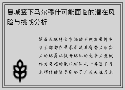 曼城签下马尔穆什可能面临的潜在风险与挑战分析