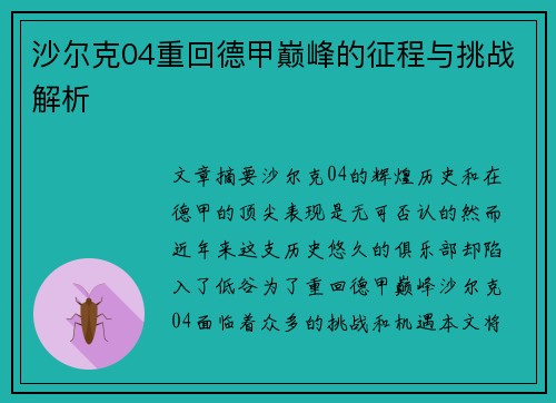 沙尔克04重回德甲巅峰的征程与挑战解析