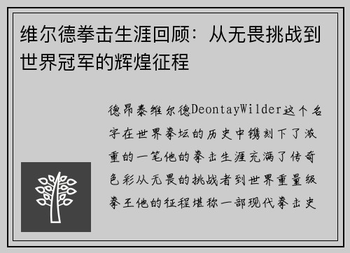 维尔德拳击生涯回顾：从无畏挑战到世界冠军的辉煌征程