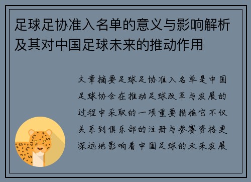 足球足协准入名单的意义与影响解析及其对中国足球未来的推动作用